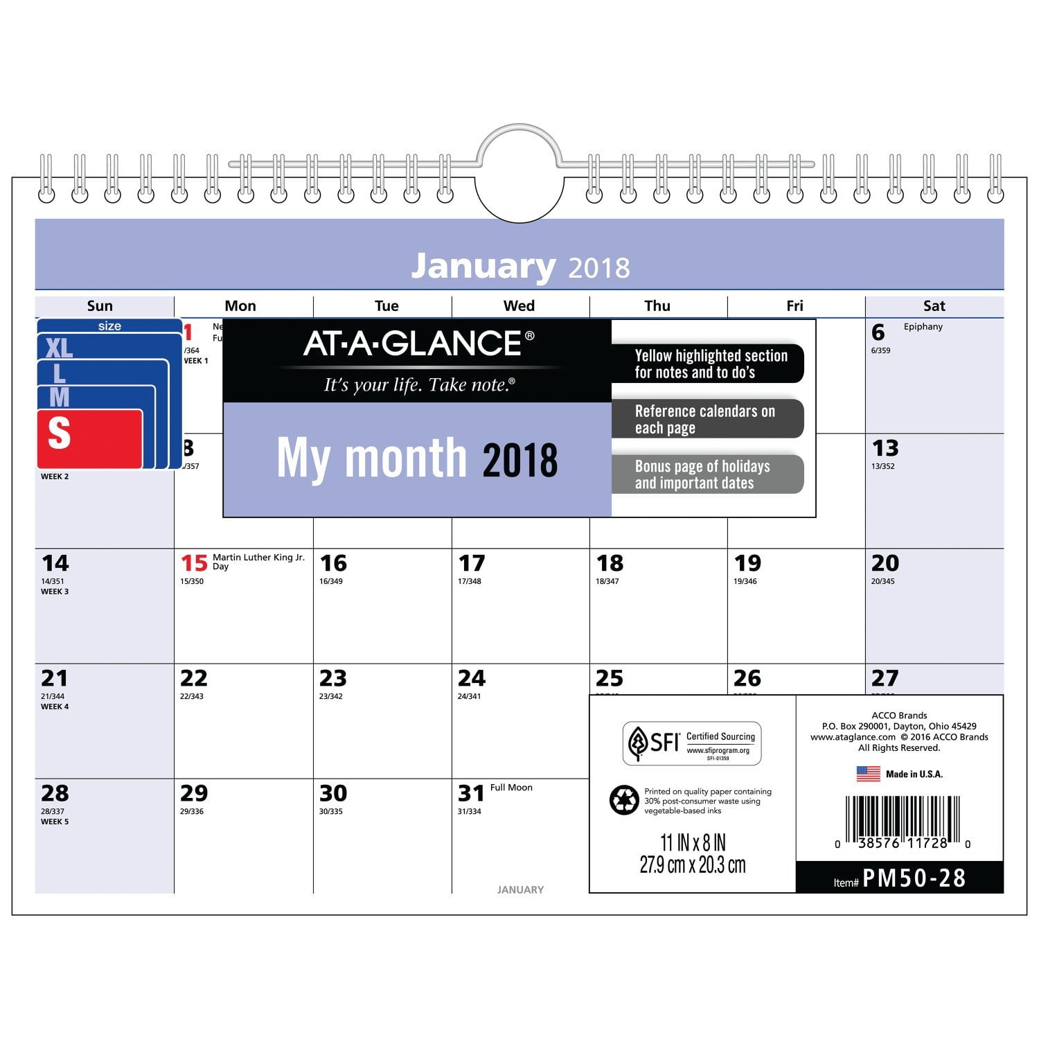 ATAGLANCE PM502818 Monthly Desk/Wall Calendar, QuickNotes, January