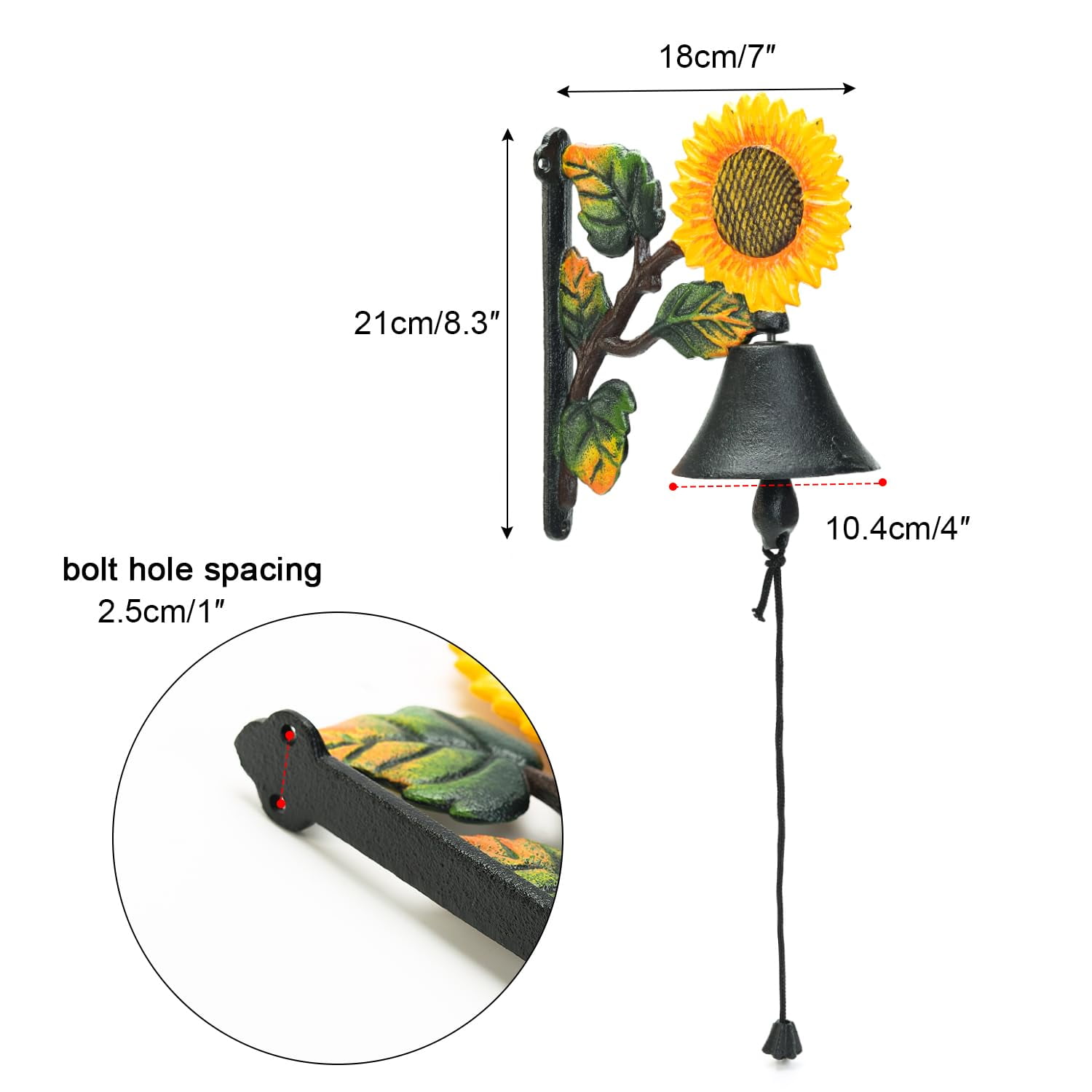 Sungmor Cast Iron Wall Bell Decorative Hand-Painted Sunflower Hand Bell, Manually Shaking Wall Hanging Doorbell - Indoor Outdoor Wall Mounted Dinner Bell - Garden Home Wall Decoration