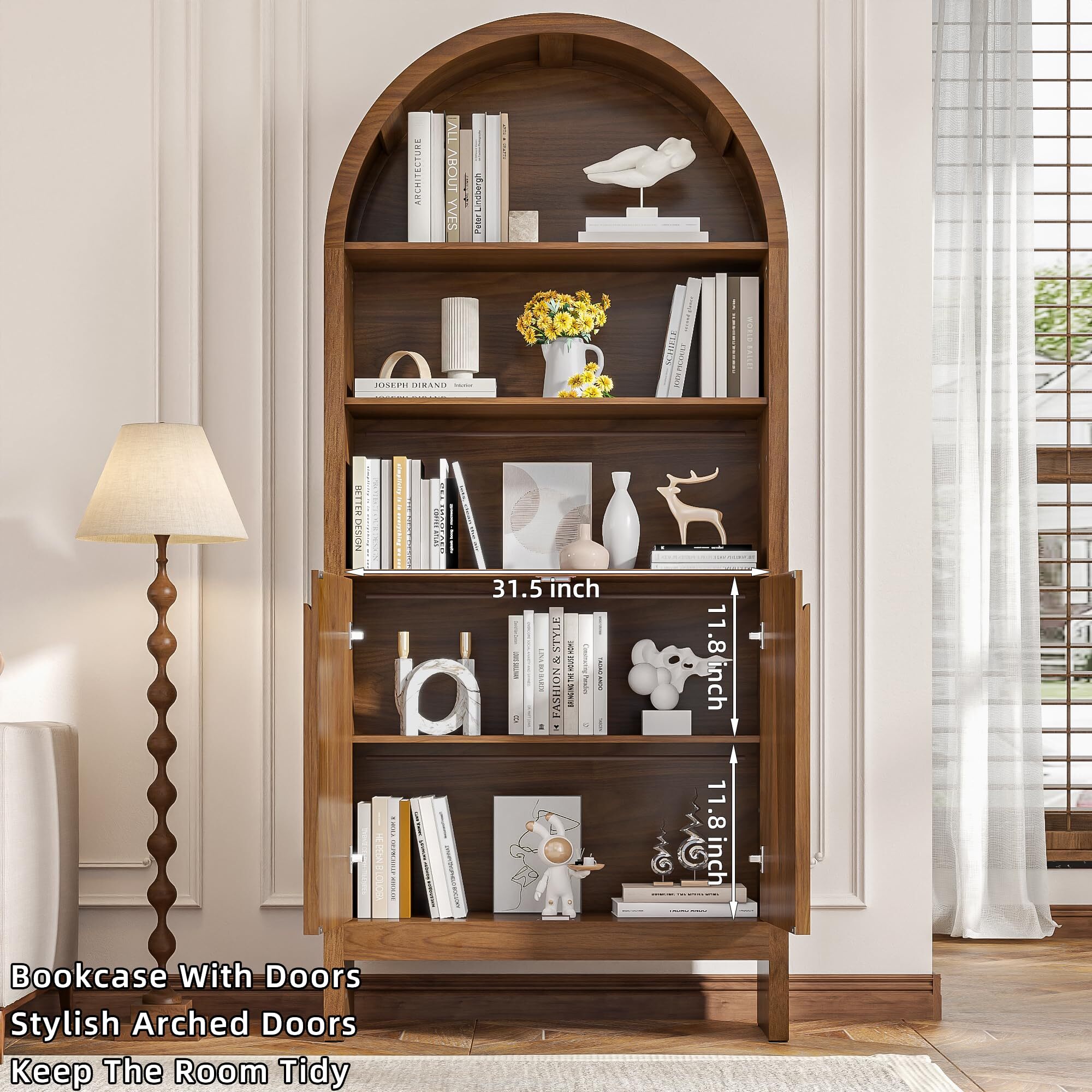 Fsbecl Mid Century Arched Bookcase, Display Case Storage Cabinet, Large Library Arch Bookshelf for Living Room