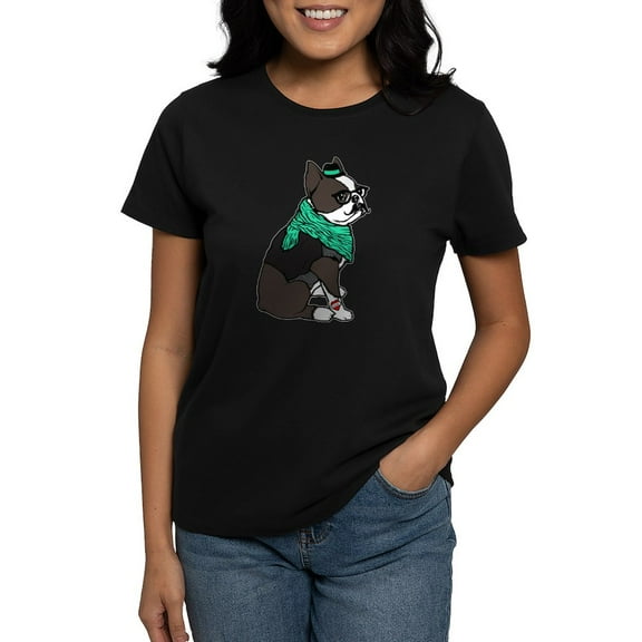 CafePress - Hipster Boston Terrier Women's Classic T Shirt - Women's Traditional Fit Dark T-Shirt