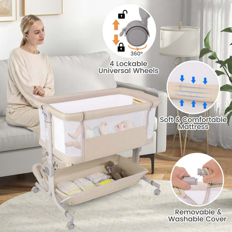 Costway Baby Bassinet Bedside Sleeper with 6 Level Adjustable Height Beige Walmart