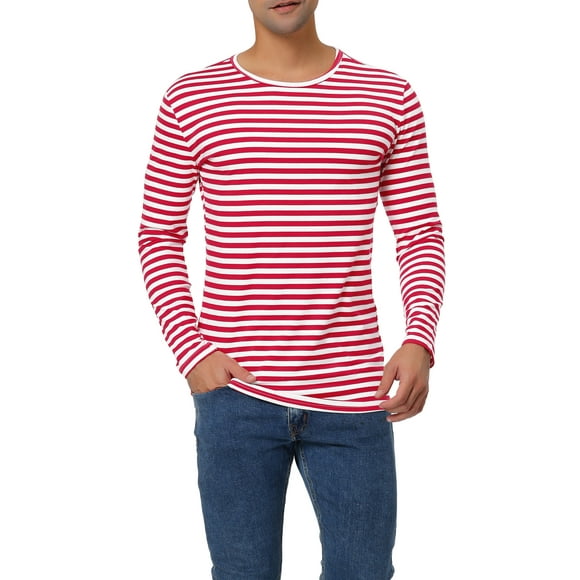 Camiseta de hombre de rayas Inspire Chic para el Día del Padre, cuello redondo, de manga larga, pulóver, 34 blanco rojo