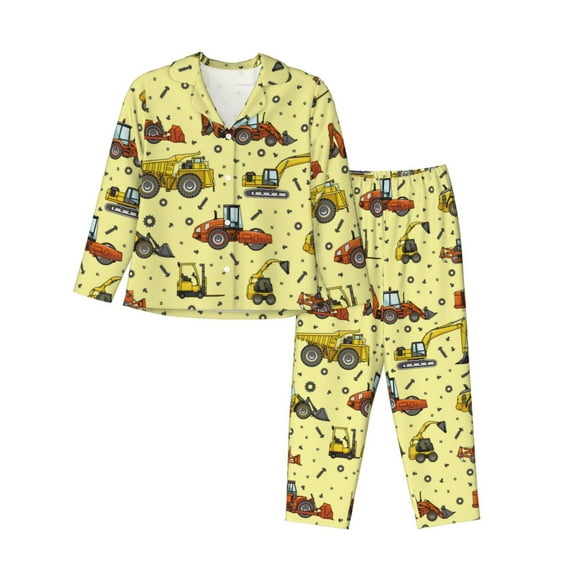 Pajamas for Women Set - Cartoon Car Yellow Comfy Long Sleeve Button Up Pajama Sets for Women 2 Piece, Soft Sleepwear Nightwear Pjs Lounge Sets for Women with Pockets
