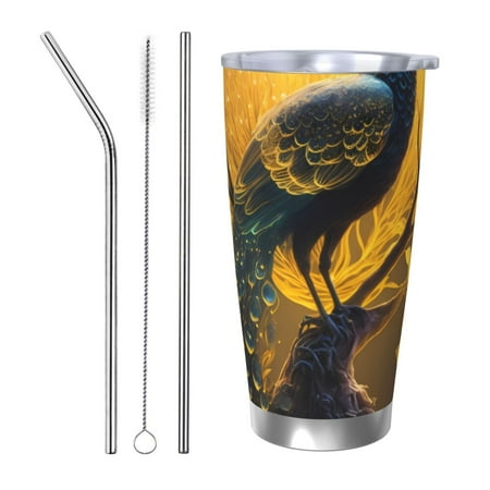 

Junzan Elegant Gold Leaf Peacock for 20oz Stainless Steel Insulated Car Cup with Spillproof Lid - Insulated Coffee Mug Thermal Cup-Straw Three-piece Set