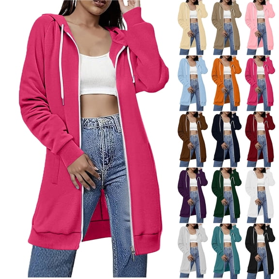Womens Jackets Warm Winter Coats for Women Women Sweatshirt Women's Solid Color Double Pocket Hoodie Sweatshirts Shoulder To Long Sleeves And Hooded Mid Length Casual Outwear Hot Pink S