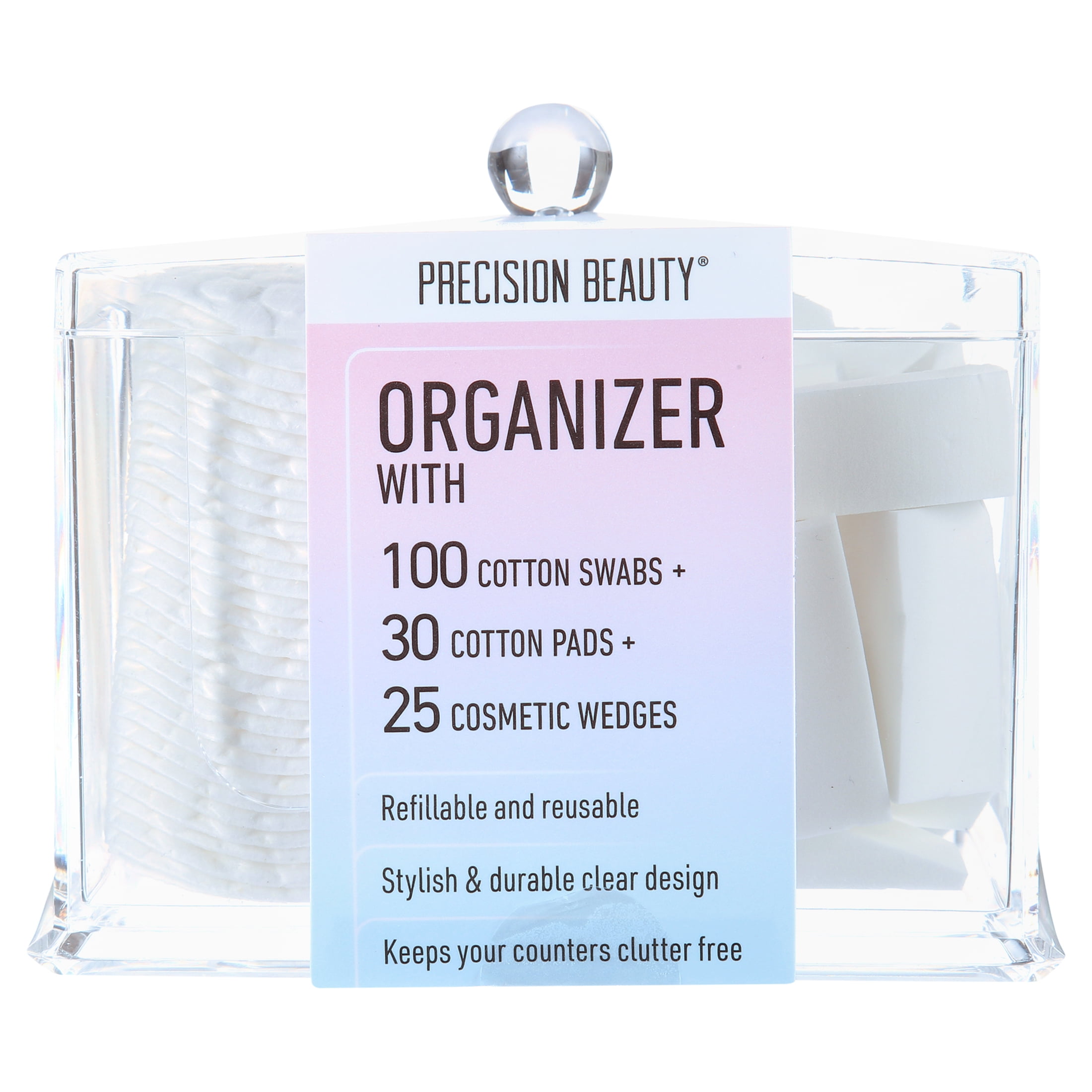 Precision Beauty 3-Sectional Organizer with 100 Cotton Swabs 30 Cotton Pads and 25 Cosmetic Wedges