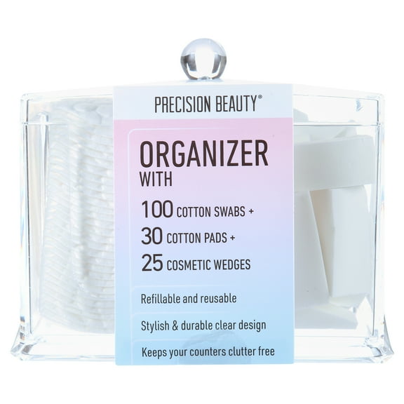 Precision Beauty 3-Sectional Organizer with 100 Cotton Swabs, 30 Cotton Pads, and 25 Cosmetic Wedges