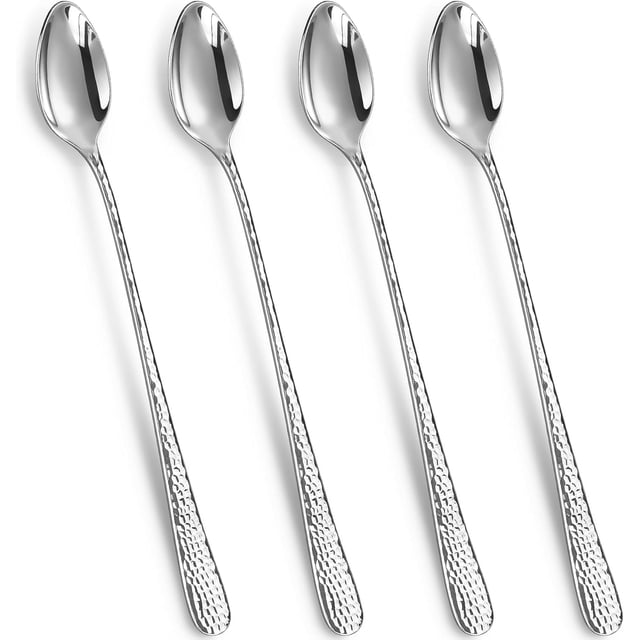 Set de 4 Cucharas Largas de Acero Inoxidable con Mango Martillado para Té Helado y Café de 8.5 Pulgadas Acabado Espejo