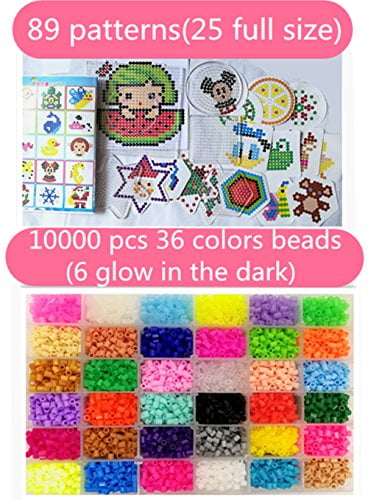 29 Full Size 6 Glow in Dark Storage Case Perler Beads Compatible Kit （36 Color Complete Pack Fuse Beads Kit-10000 pcs 36 Colors 5 Peg Boards,89 Pattern ） 