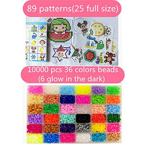 Vytung Fuse Beads Kit-10000 pcs 36 Colors(6 Glow in Dark) 5Peg Boards  89pattern(29 Full Size) Iron Papers Tweezers Storage Case Perler Beads