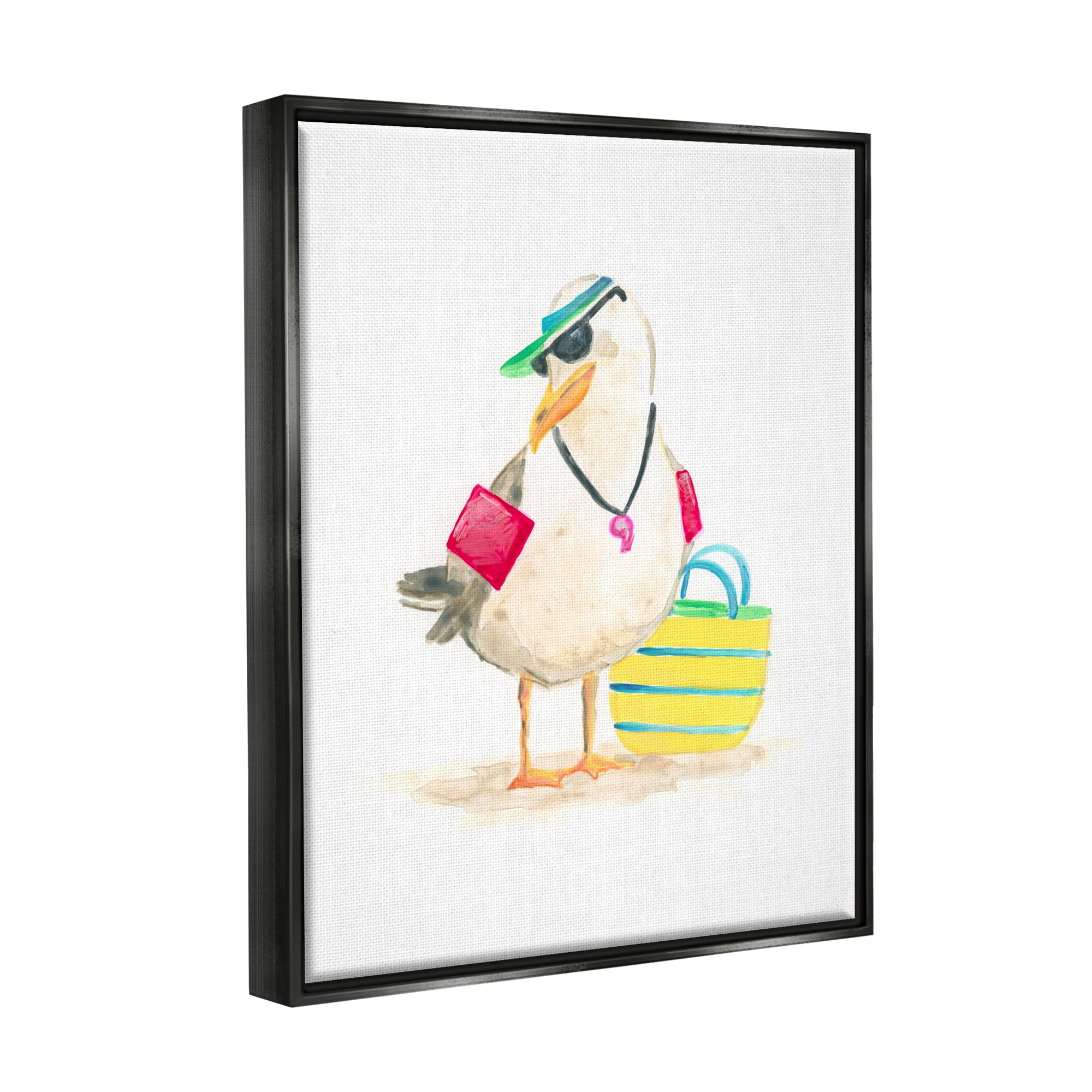 Stupell Industries Beach Lifeguard Seagull Animals & Insects Painting Black Floater Framed Canvas Art Print Wall Art, 25 x 31