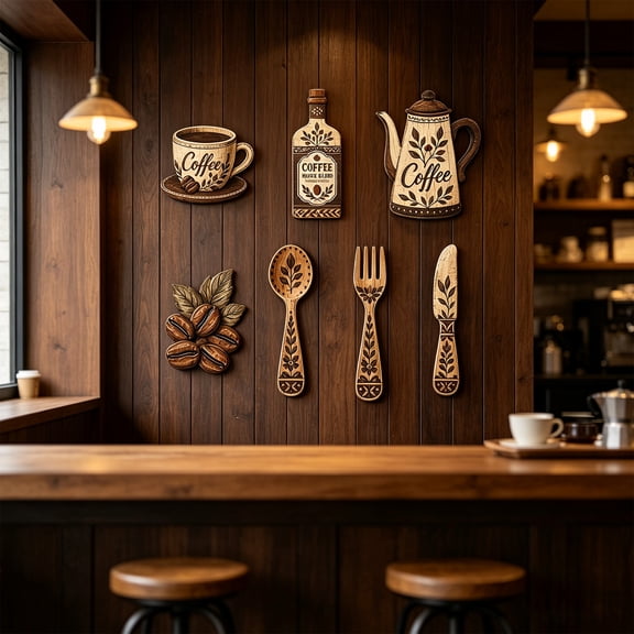 7-Piece Wooden Wall Decor Set, Coffee Theme Wall Art with Cups Beans Pot and Utensils, Brown Solid Wood Rustic Home Bar Cafe Decoration for Kitchen Dining Room, 8.66x7.87 Inches