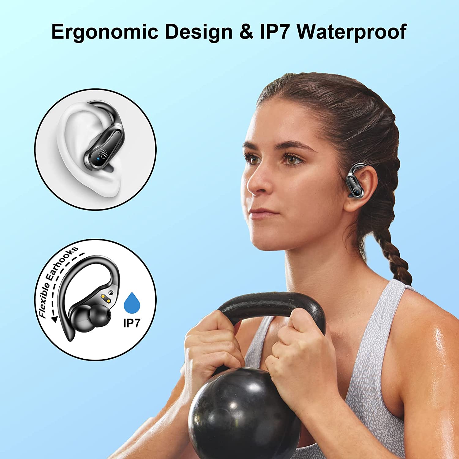 for Samsung Galaxy S23/S22/S21 Bluetooth 5.1 Headphones with Dual LED Digital Display 42Hrs Playtime, IP7 Waterproof Running Headphones with Earhooks & Mic - image 4 of 5