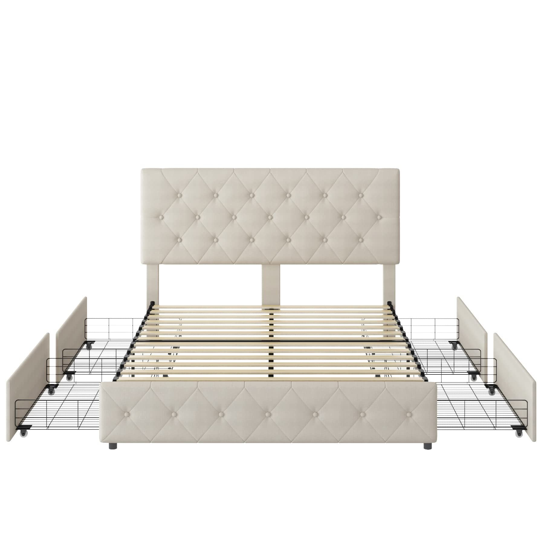 Homfa Queen Size 4 Storage Drawers Bed Frame, Square Tufted Upholstered Platform Bed with Adjustable Headboard, Off-white