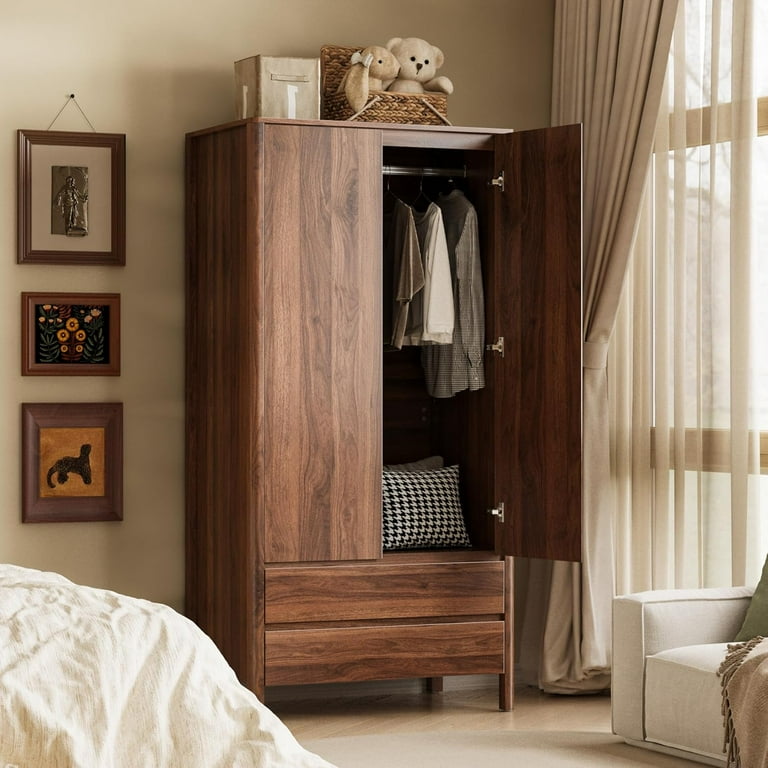 FURNIWAY Wardrobe with 2 Doors and 2 Drawers, 70.9”H Modern Walnut