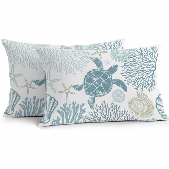 Teal Blue Coastal Turtle Waterproof Outdoor Throw Pillow Covers 12''x20'' Pack 2, Pillow Cases Throw Cushion Cover with Zipper, Ocean Coral Nautical Washable Pillowcase for Poolside Sofa