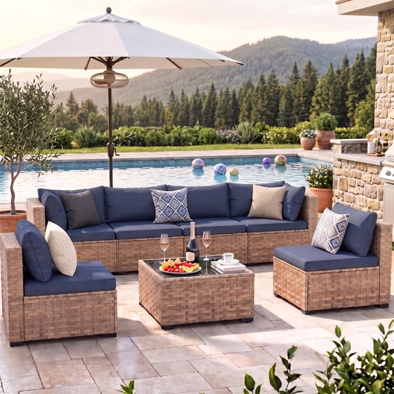 HOYOA 7-Piece Patio Furniture Set, Outdoor Conversation Set, All-Weather Wicker Outdoor Sectional Sofa Set with Table & Cushions,Blue