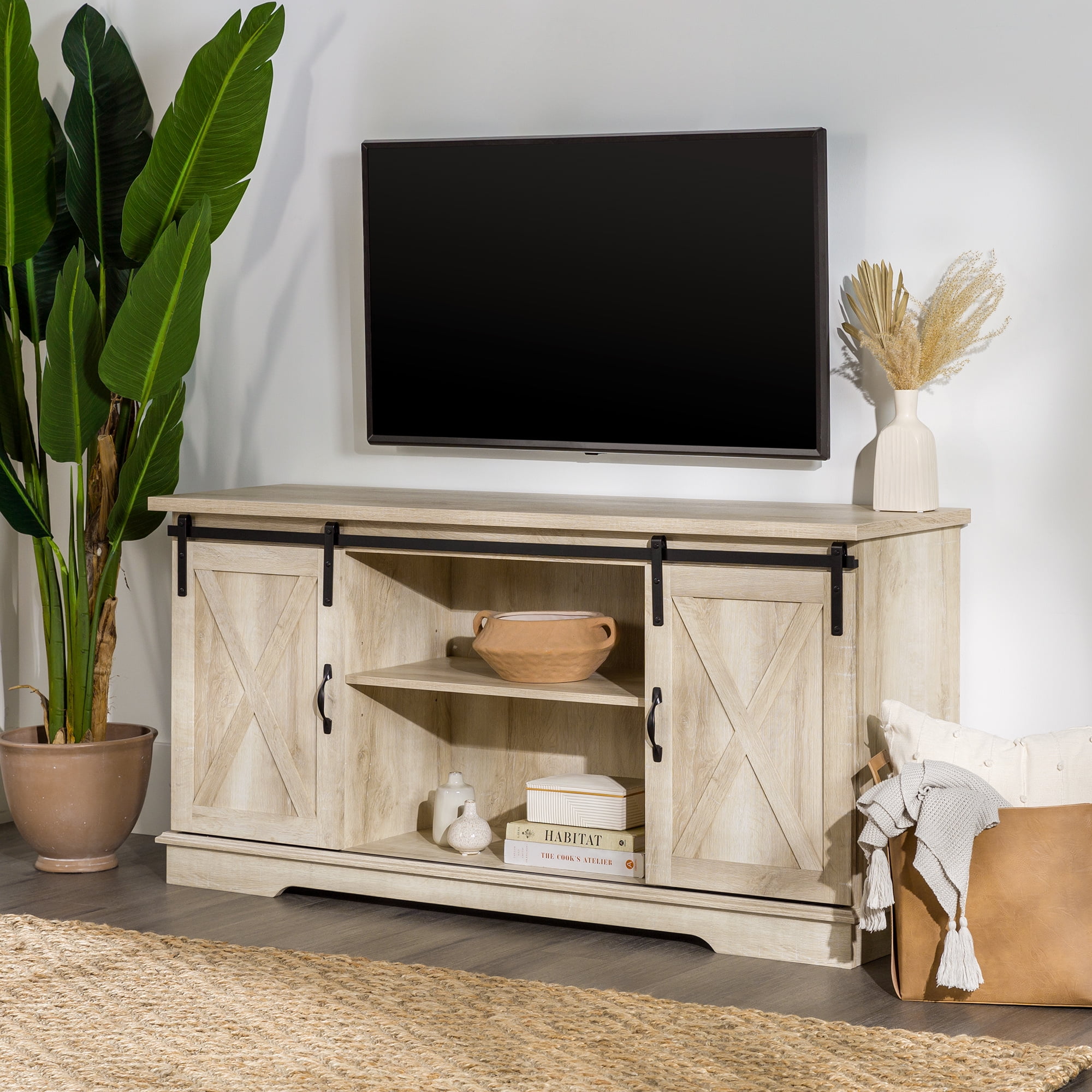 Whitewashed Oak Mahara Wood Effect TV Stand for TVs up to 55" with Shelving 