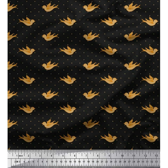 Soimoi Black Cotton Duck Fabric Bird & Dots Print Fabric by the Yard 42 Inch Wide
