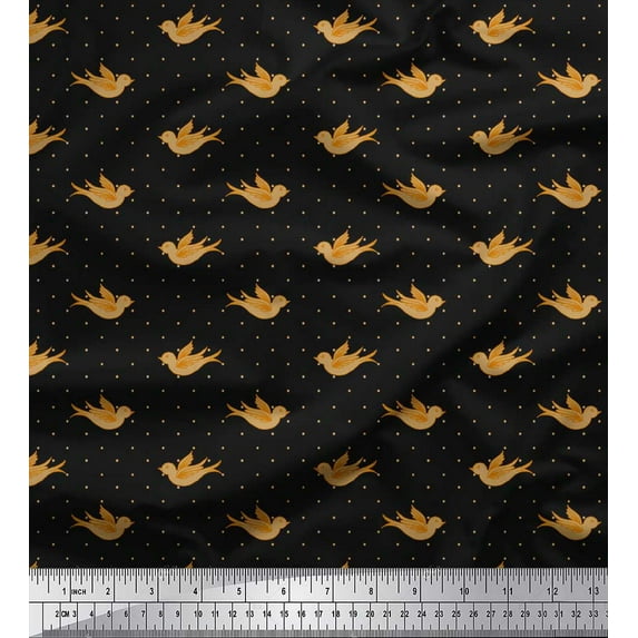 Soimoi Black Cotton Duck Fabric Bird & Dots Print Fabric by the Yard 42 Inch Wide