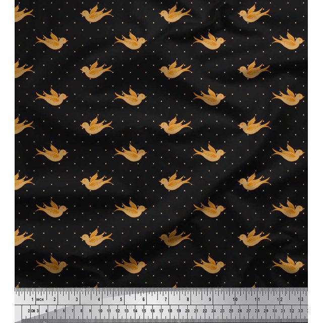 Soimoi Black Velvet Fabric Bird & Dots Print Fabric by Yard 58 Inch Wide