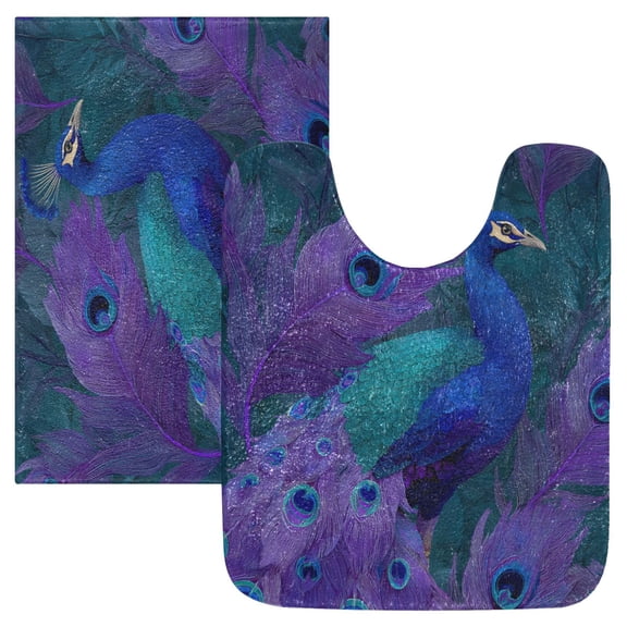 2 Piece Soft Bathroom Rug Set Peacock Pattern Bath Mat and U-Shaped Toilet Contour Rug (16"x24" 20"x24")