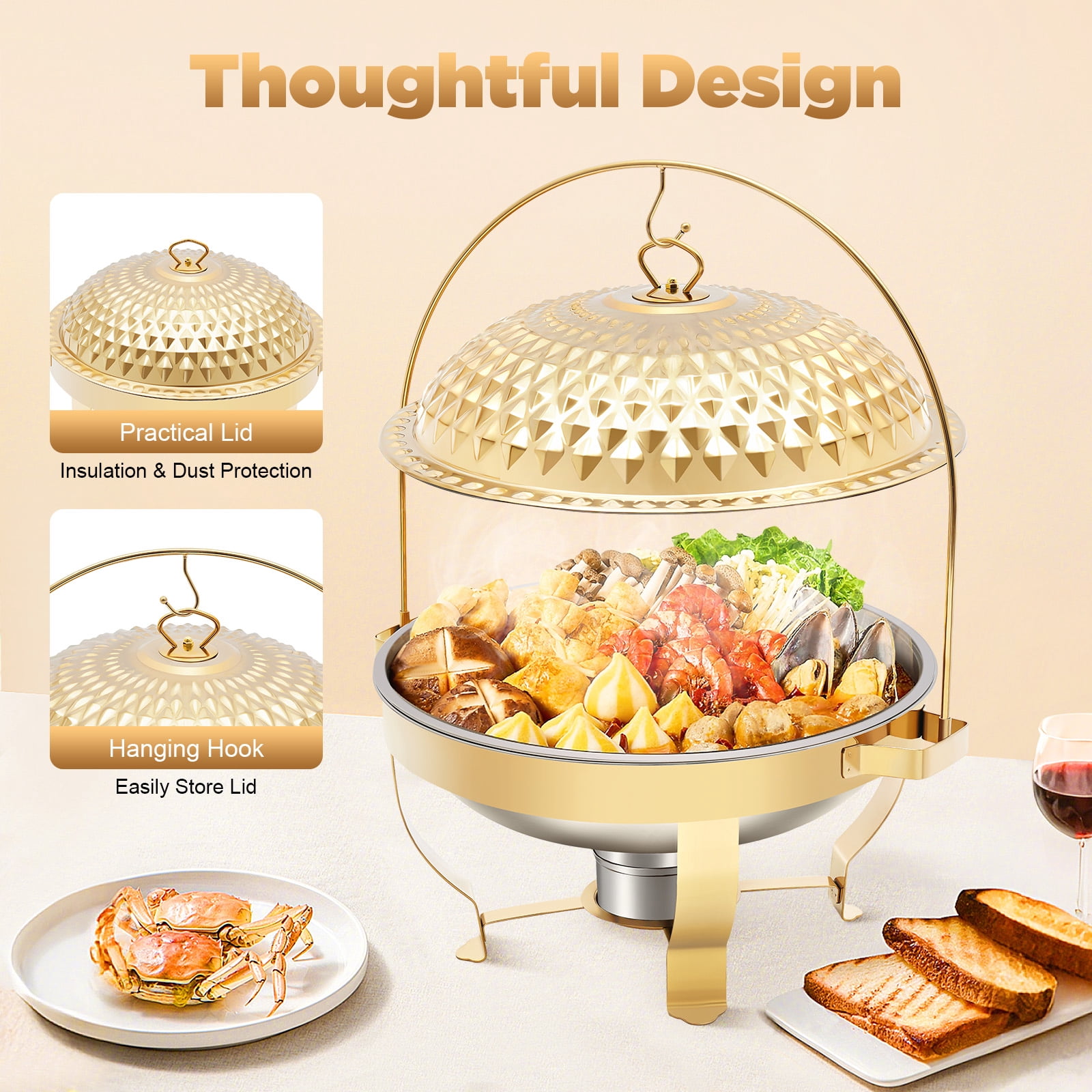 ChicHomey Diamond Hanging Lid Stove with Alcohol Burner, 8.5QT Stainless Steel Buffet Warmer,Gold Finish, for Buffets, Family Gatherings, and Banquets