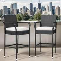 ModFusion 2-Piece Indoor Outdoor Patio Wicker Bar Stools with Armrest & Backrest, Bar Height Chairs with Cushions for Poolside, Garden, Deck, Black & White