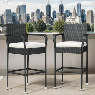 ModFusion 2-Piece Indoor Outdoor Patio Wicker Bar Stools with Armrest & Backrest, Bar Height Chairs with Cushions for Poolside, Garden, Deck, Black & White