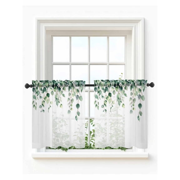 Eucalyptus Leaves Tier Curtains 36 Inch Length,Sheer Curtains for Bedroom Living Room Window Spring Botanical Leaf Branch Vines Voile Drapes Kitchen Curtains Small Half Window 27.5"x36" 2 Panels