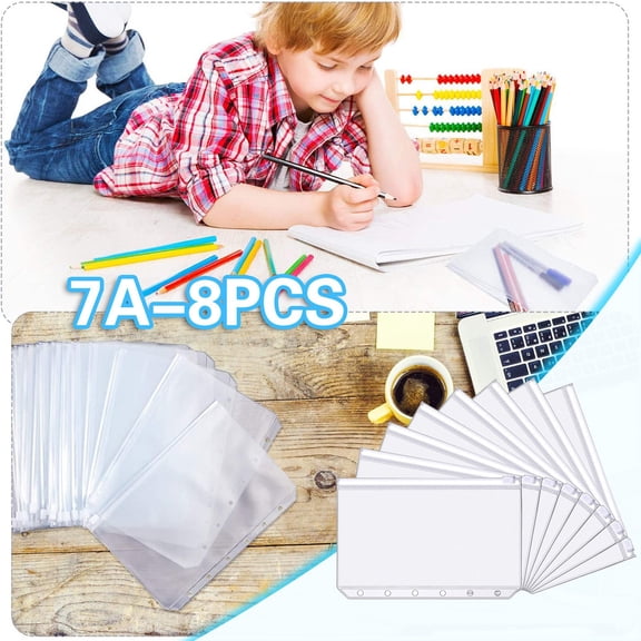FENGGHAO 8Pcs A7 Binder Pockets Plastic Zip Document Holders Waterproof 6 Hole Loose Leaf PVC Pouches Translucent Storage