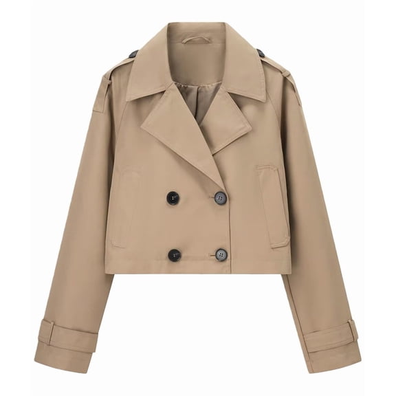 Womens Cropped Bike Jacket Casual Double Breasted Trench Coat Khaki XS