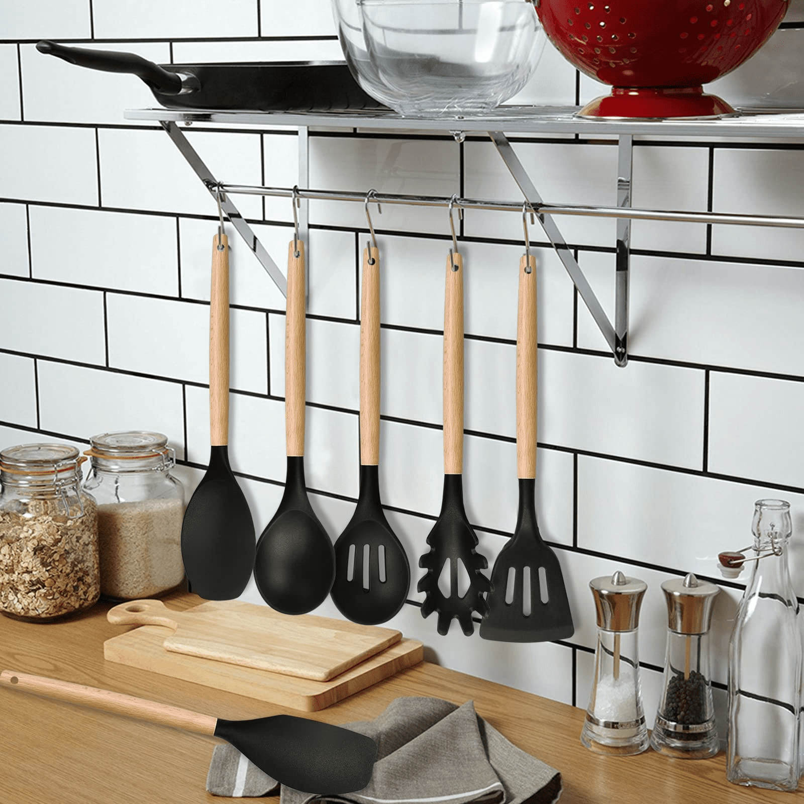 Cooking Utensils Set of 6, E-far Silicone Kitchen Utensils with Wooden  Handle, Non-stick Cookware Fr…See more Cooking Utensils Set of 6, E-far