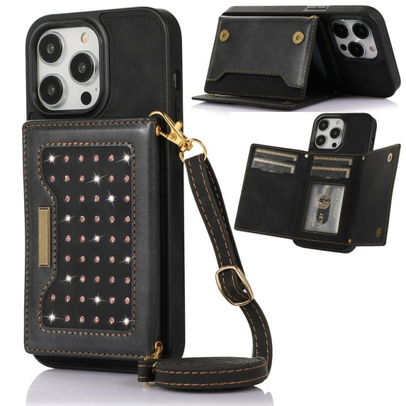 Jiahe Cover for Apple iPhone 14 Pro Max, Luxury Shockproof with Crossbody Shoulder Strap Magnetic Bling PU Leather Flip Folio Stand Wallet Card Slots Case Cover, Black