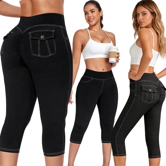 KEFIRLILY Women's High Waist Capri Leggings with Hidden Scrunch Butt Lifting, Stretchy Yoga Pants with Flap Pockets, Tummy Control Crop Leggings for Workout & Daily Wear