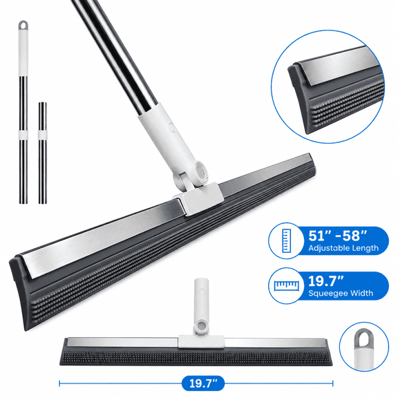 Large Floor Squeegee with 51"-58" Adjustable Stainless Steel Handle, Heavy Duty Water Blade for Garage, Concrete, Tile, Patio & Driveway Cleaning
