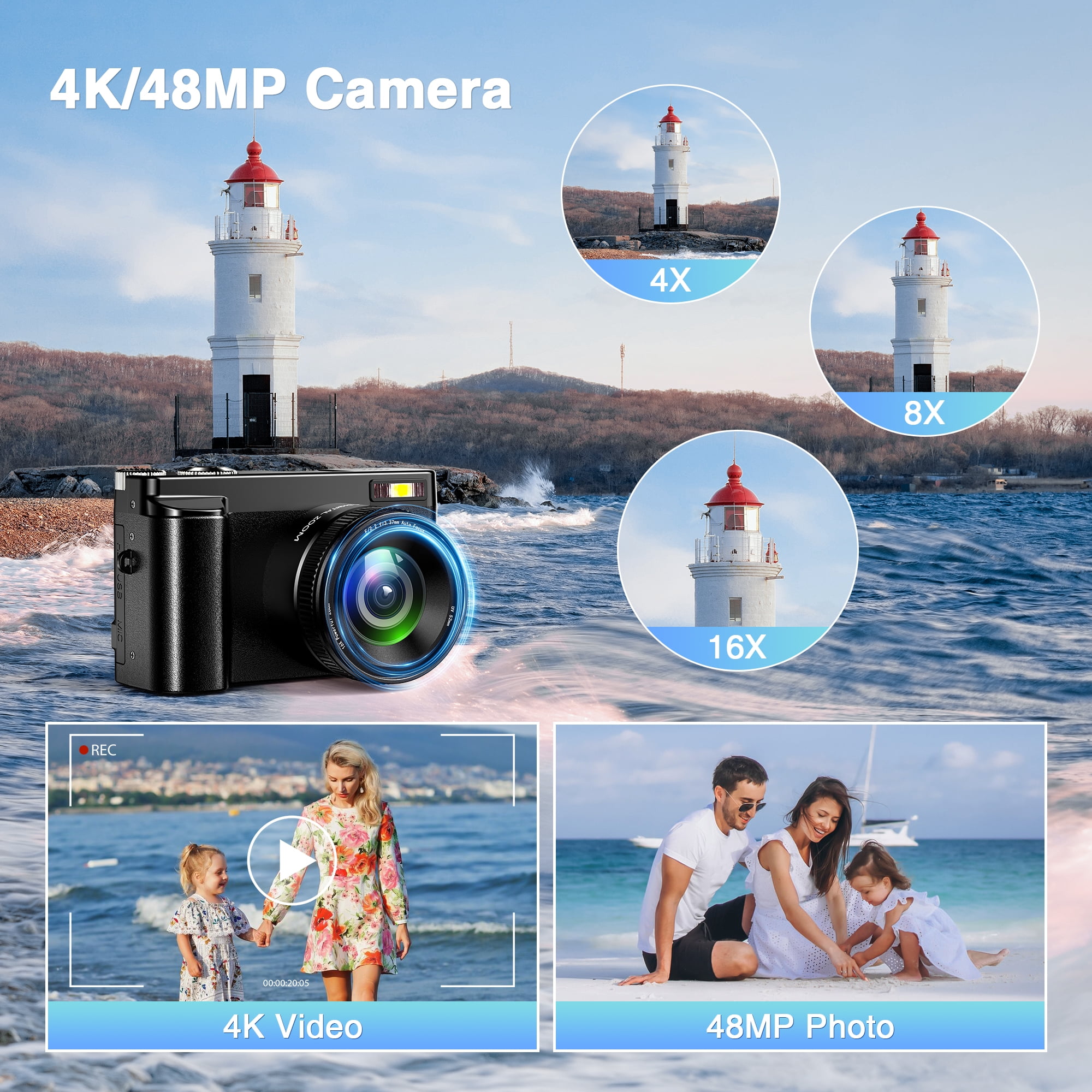 Vlogging Camera 4K Digital Camera with Autofocus, 180° Flip Screen 48MP Video Cameras Camcorder for Photography and YouTube, Includes 32GB Card, UV Lens & 16X Zoom (Black)
