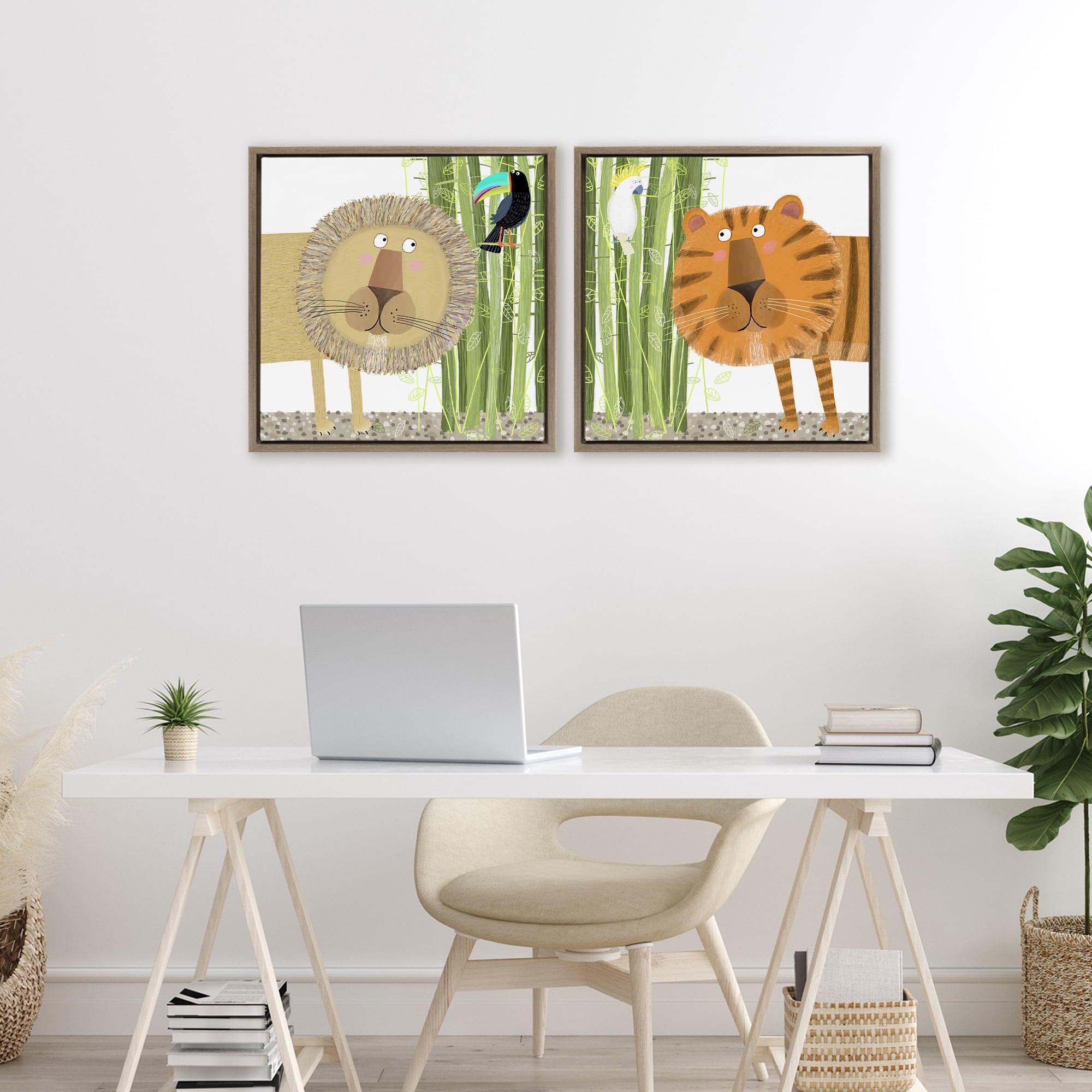 Stupell Industries Bamboo Trees & Animals 2 Piece Brown Framed Floater Canvas Set, design by Carla Daly