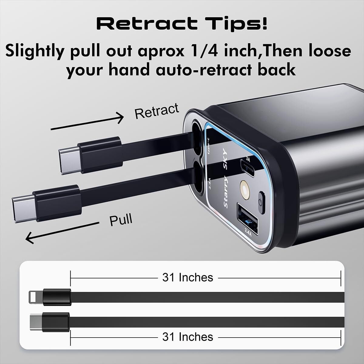 Car Charger 120W Mobile Super Fast Charging ,4 in 1 Retractable USB C Car Charger,120W with Starry Light,Fast Charging for iPhone,iPad,Android,Galaxy,Pixel,Cigarette Lighter Adapter