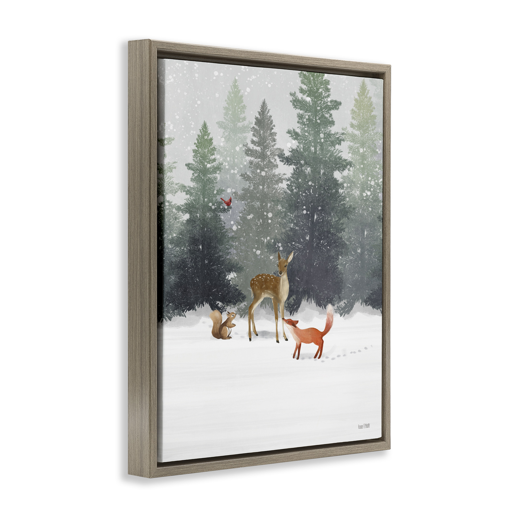 Stupell Industries Winter Season Forest Animals Holiday Painting Brown Floater Framed Canvas Art Print Wall Art, 17 x 21