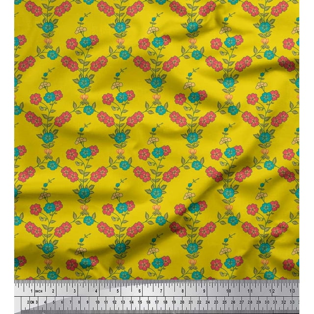 Soimoi Rayon Fabric Leaves & Floral Printed Fabric 1 Yard 56 Inch Wide