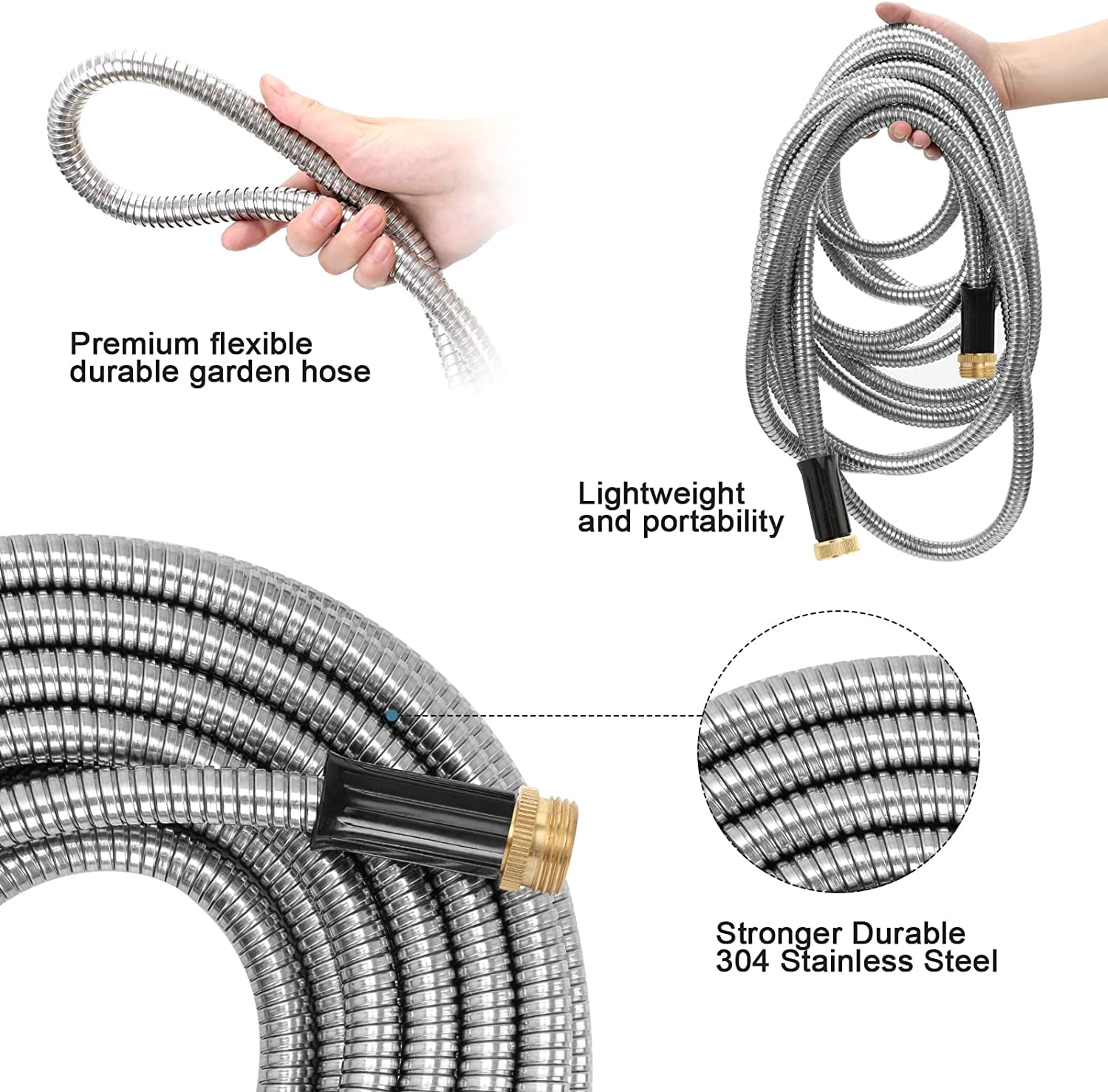 STYDDI 100FT Metal Garden Hose, 100FT 304 Stainless Steel Water Hose with Jet Sprayer Nozzle for Outdoor Yard, Lightweight and Kink Free Puncture Proof Durable Heavy Duty