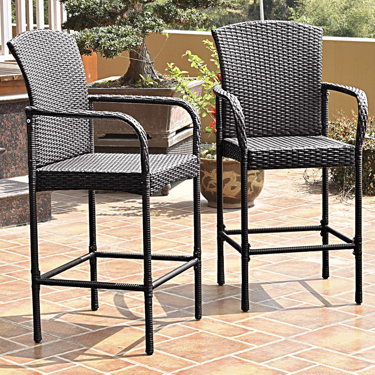 costway wicker outdoor bar stool with armrests set of 2  walmart