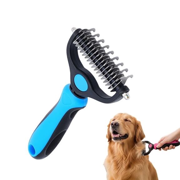 Pet Grooming Tool, Double Sided Deshedding Brush, Stainless Steel Dematting Comb for Dogs & Cats, Undercoat Rake for Removing Loose Fur, Tangles and Knots