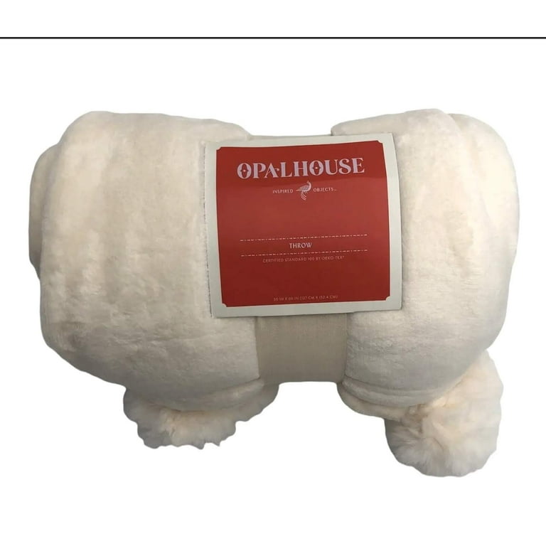 Plush Throw Blanket with Faux Fur Pom Poms Cream Opalhouse