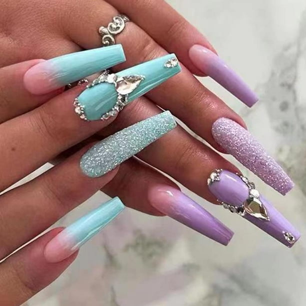 Press on Nails Long French Tip Nails Square Blue Purple Rhinestones Nail Acrylic Nails Full Cover Nail Tips Fake Nails with Design for Artificial Nails False Nails for Women Girls 24 Pcs - Press on Nails Long French Tip Nails Square Blue Purple Rhinestones Nail Acrylic Nails Full Cover Nail Tips Fake Nails with Design for Artificial Nails False Nails for Women Girls 24 Pcs -
