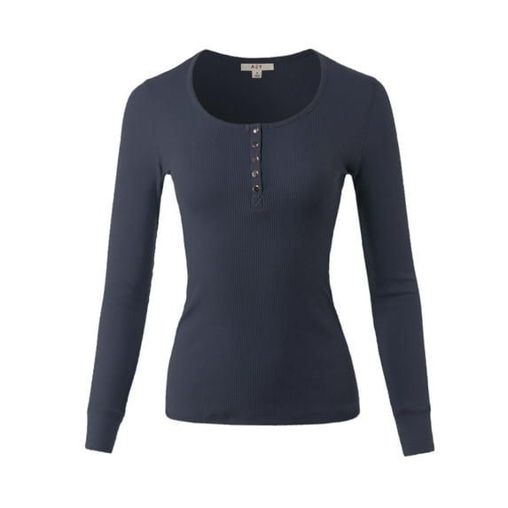 A2Y Women's Fitted Snap Button Henley Crew Neck Long Sleeve Thermal Knit Tops Navy S