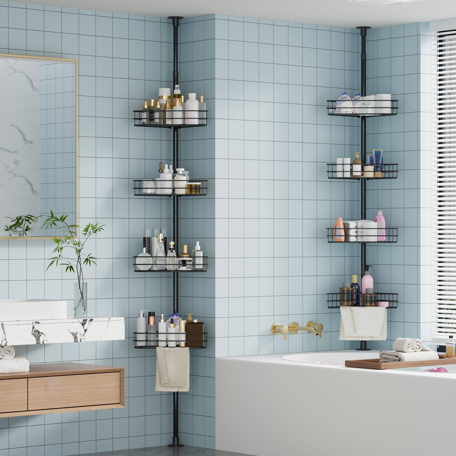 4-Tier Adjustable Tension Pole Corner Shower Shelve – Rust-Resistant Bathroom Organizer Shelf with Baskets & Towel Bars, Perfect for Kitchens, Bathrooms, and Bedrooms, Black
