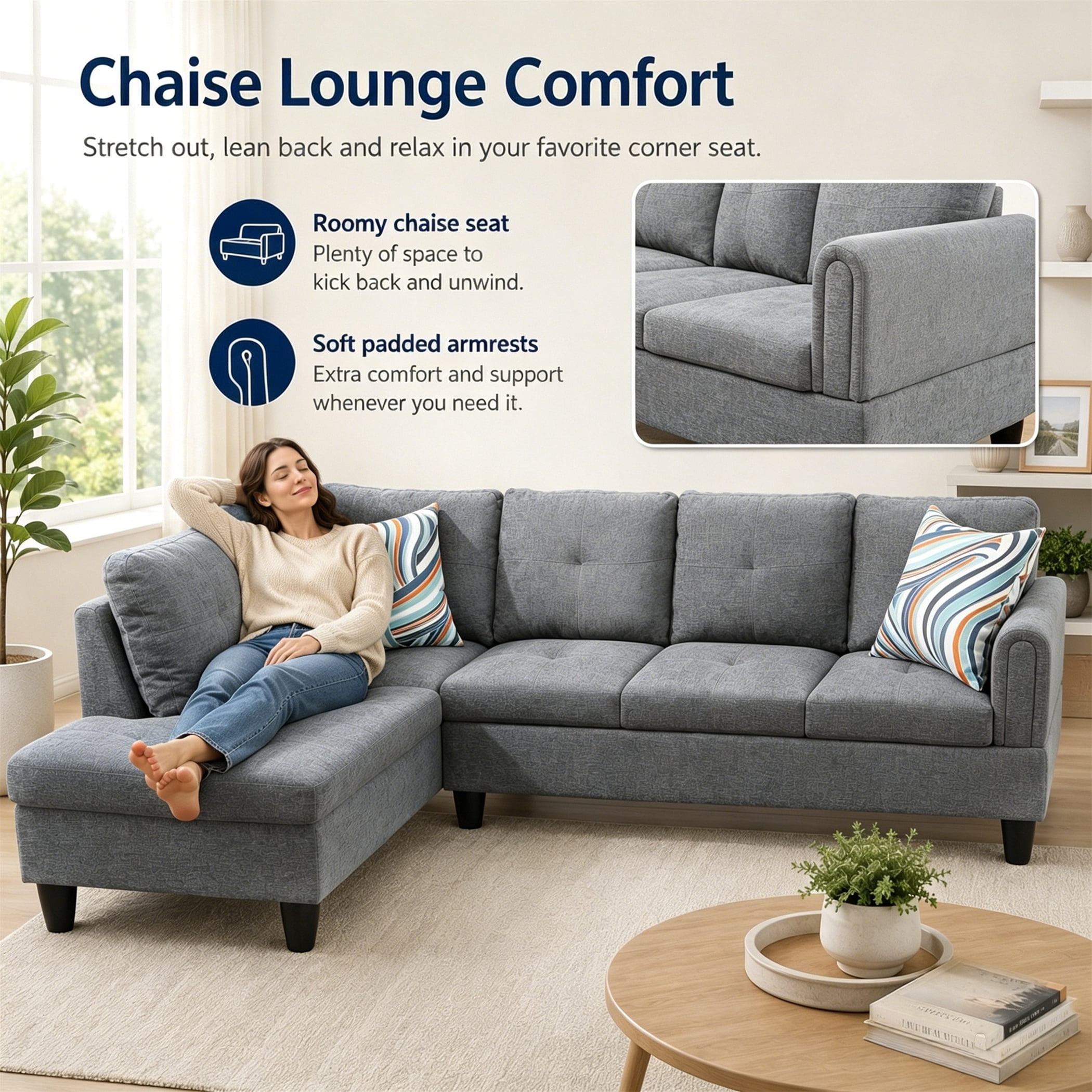 Aukfa 97" Classic Sectional Sofa 4 Seat L shape Couch with Oversized Left Chaise for Living Room, 2Pillows, Linen, Gray