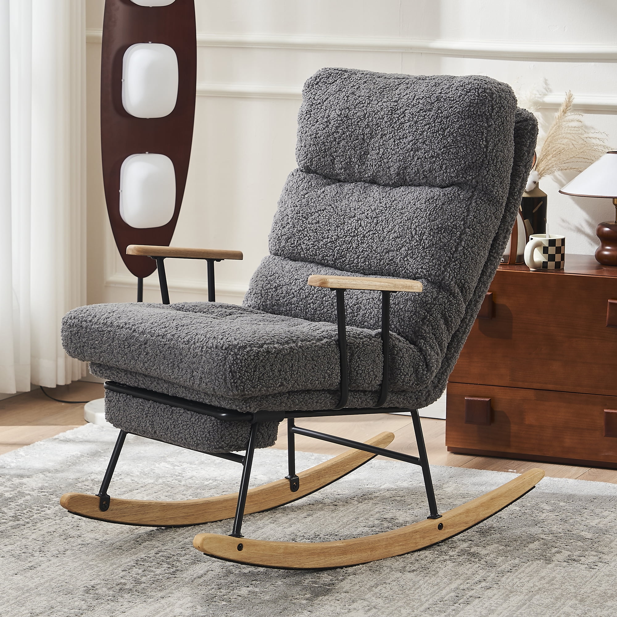 Banome Modern Teddy Gliding Rocking Chair with High Back - Retractable Footrest and Adjustable Back Angle - Perfect for Nursery, Living Room, and Bedroom